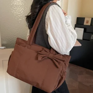 Bow nylon canvas bag women's new trendy large-capacity portable shoulder bag lightweight student commuter tote bag