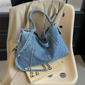 Denim Shoulder Bag Solid Color Bag Body with Adjustable Shoulder Strap Casual Large Capacity Messenger Bag