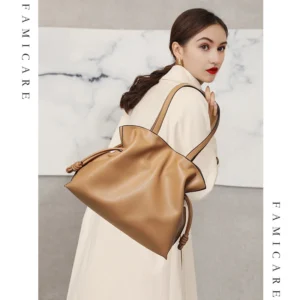 2026 High-End Women's Bucket Bag Lady Unique Drawstring Pleated Shoulder Bag Soft Split Cowhide Leather Cloud Tote Handbag New