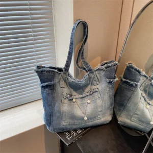 Elegant Exquisite Women Shoulder Bag-Premium Soft Denim Multi-Pocket Design&Chain Accent Spacious Capacity for Outings&Daily Use